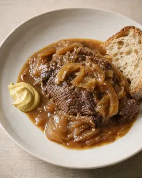 Bœuf aux oignons et à la bière, photographie du plat