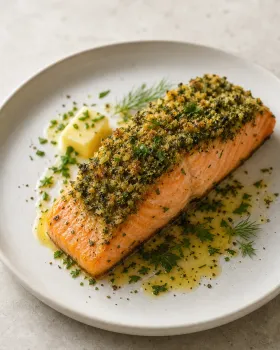 Saumon en croûte d'herbes, photographie du plat